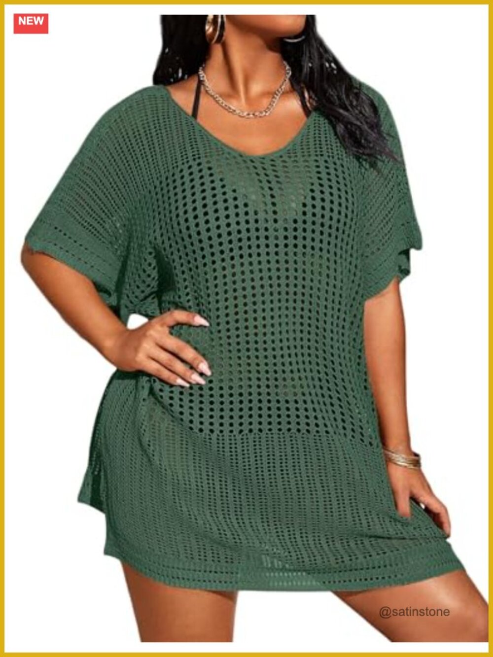 Plus Size Hollow Out Swim Cover Up Short Sleeve Knit Bathing Suit